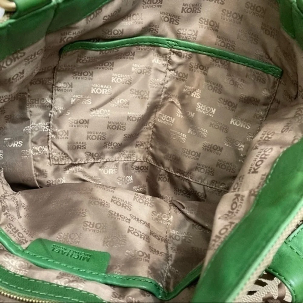 Michael Kors signature mk brown with green leather shoulder bag